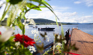 Bildet viser båter på Randsfjorden og brygga. I forgrunnen er det uskarpe blomster.