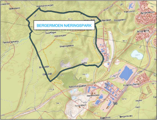 Bildet er et kartutsnitt, som viser planområdet til Bergermoen næringspark.