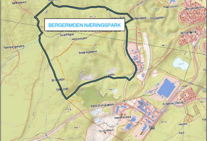 Bilde viser planområde til Bergermoen næringspark