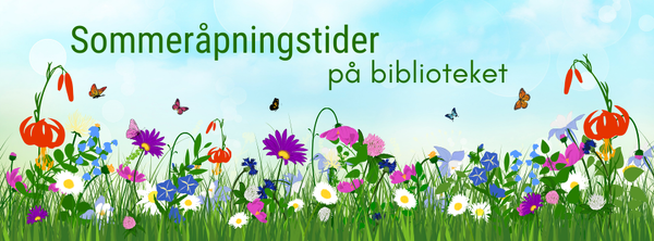 Blomstereng på blå bakgrunn. Tekst: Sommeråpningstider på biblioteket