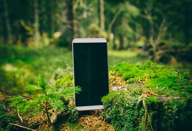 Bildet viser en mobiltelefon som står på bakken i en skog.