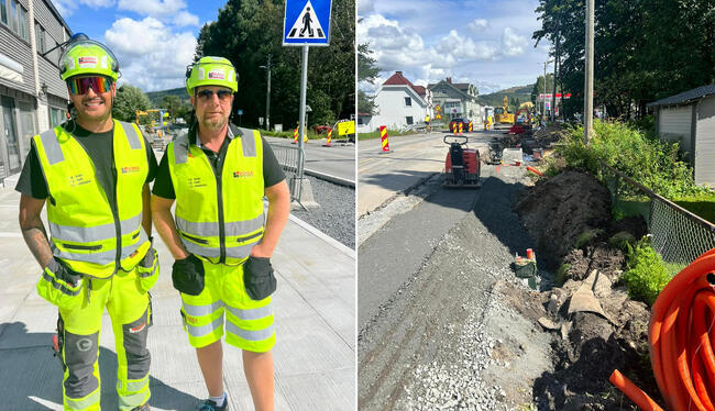 Bildet er en montasje av to bilder. På det ene står det to menn i anleggsarbeiderklær. Det er en strålende sommerdag, de har solbriller og smilere mot kamera. Det andre viser veiarbeidet, med graving, sperringer og kabler.