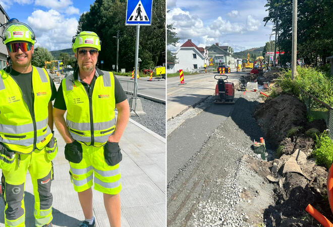 Bildet er en montasje av to bilder. På det ene står det to menn i anleggsarbeiderklær. Det er en strålende sommerdag, de har solbriller og smilere mot kamera. Det andre viser veiarbeidet, med graving, sperringer og kabler.