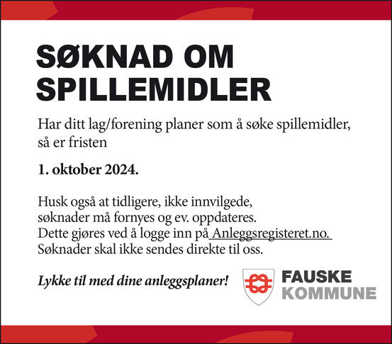 Plakat søknad om spillemidler. Informasjon i tekst