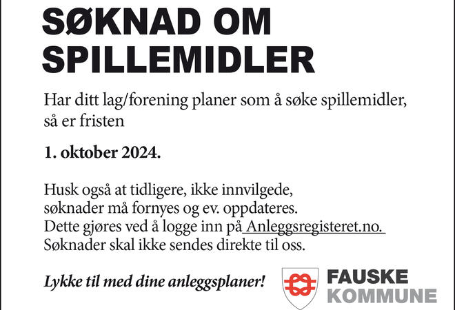 Plakat søknad om spillemidler. Informasjon i tekst