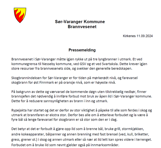 Pressemelding forbud mot ild