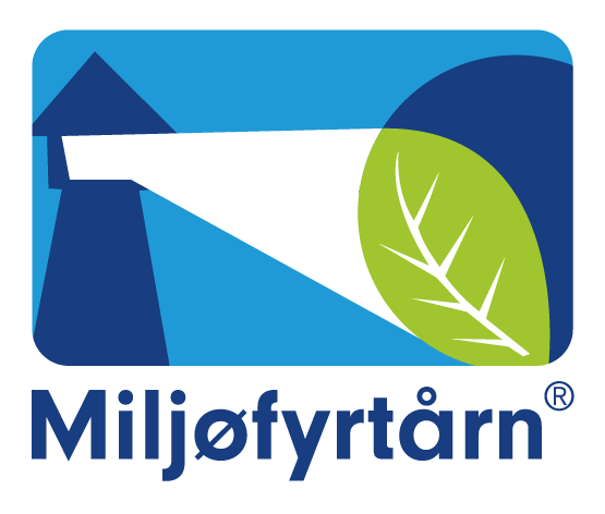 Bildet viser logoen til Stiftelsen Miljøfyrtårn. Den består av en fyrlykt som lyser opp et tre.