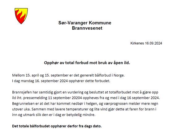 Pressemelding opphør av totalforbud mot åpen ild