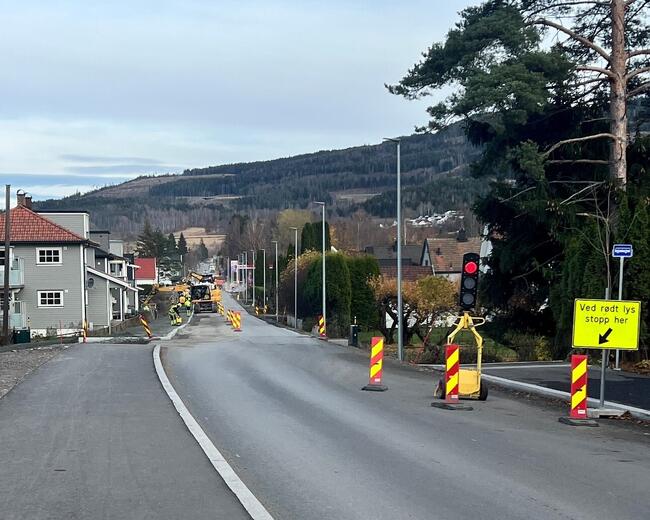 Bildet viser en vei, med trafikklys og arbeidsstolper.