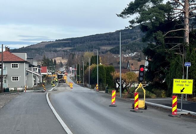 Bildet viser en vei, med trafikklys og arbeidsstolper.