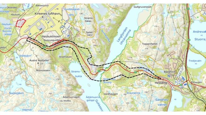 Oversiktskart, stiplet varslet line viser opprinnelig planområde den 19.04.2024, rød stiplet linje viser utvidelsene som varsles nå.