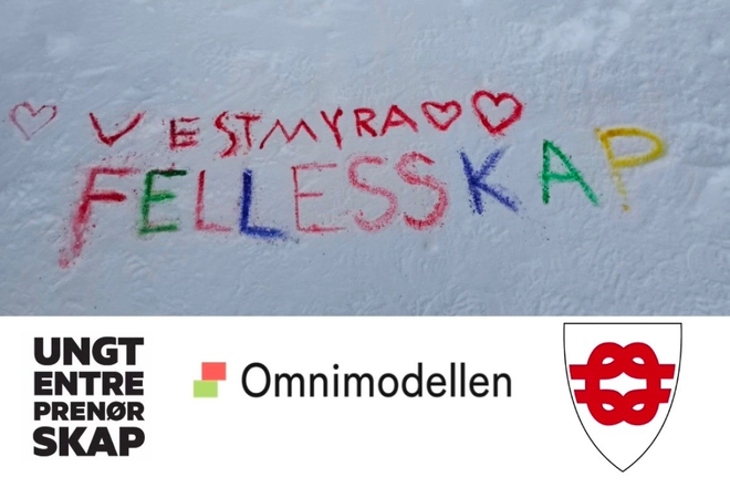 Vestmyra skole fellesskap skrevet i snø. Logo til Fauske kommune, Omnimodellen og Ungt Entrepenørskap under