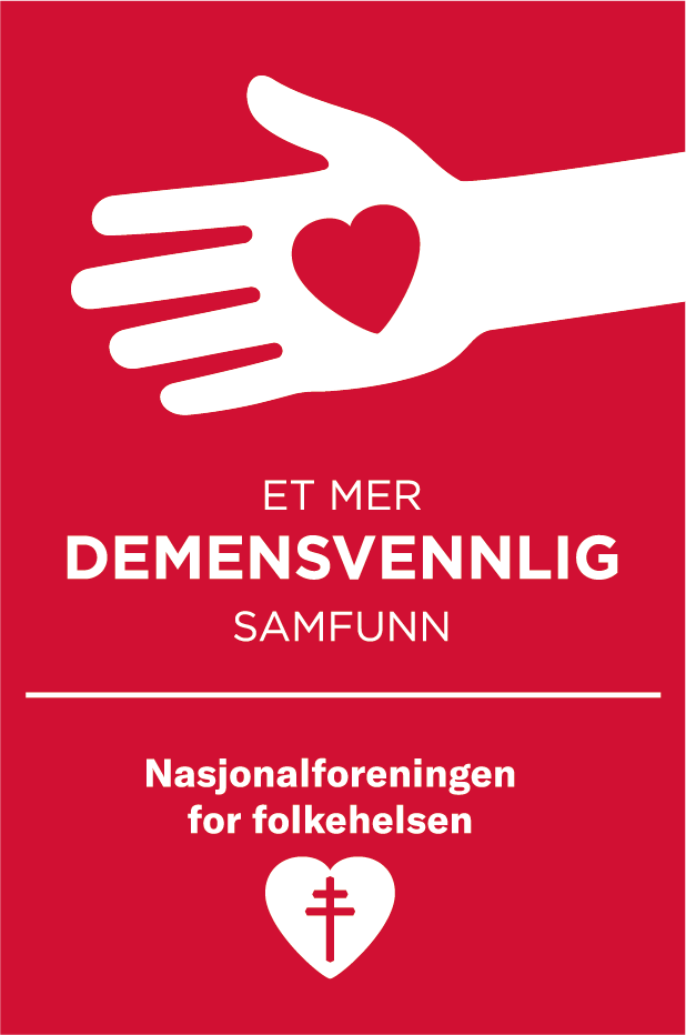 Bildet viser en rød logo med hvit skrift om demensvennlig samfunn