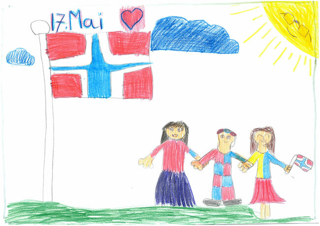 Bildet er en barnetegning av tre personer som feirer 17. mai, det norske flagg og sterk sol. Over flagget står teksten «17. mai» med et hjerte ved.