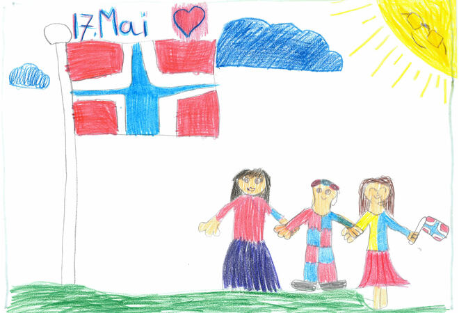 Bildet er en barnetegning av tre personer som feirer 17. mai, det norske flagg og sterk sol. Over flagget står teksten «17. mai» med et hjerte ved.