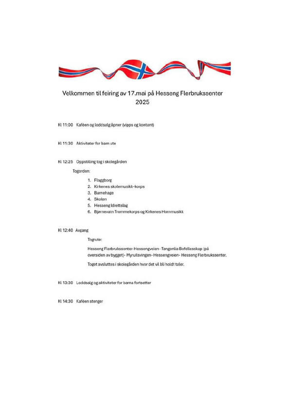 Program for 17.Mai ved Hesseng Flerbrukssenter. Info finnes i PDF format inne i artikkelen