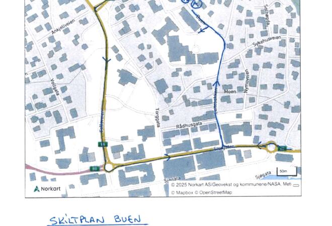 Kart over stengt område og omkjøringsvei