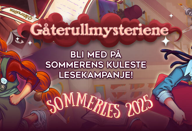 Bildet er en tegning/grafikk, med teksten Gåterullmysteriene. Bli med på sommerens kuleste lesekampanje! Sommerles 2025"